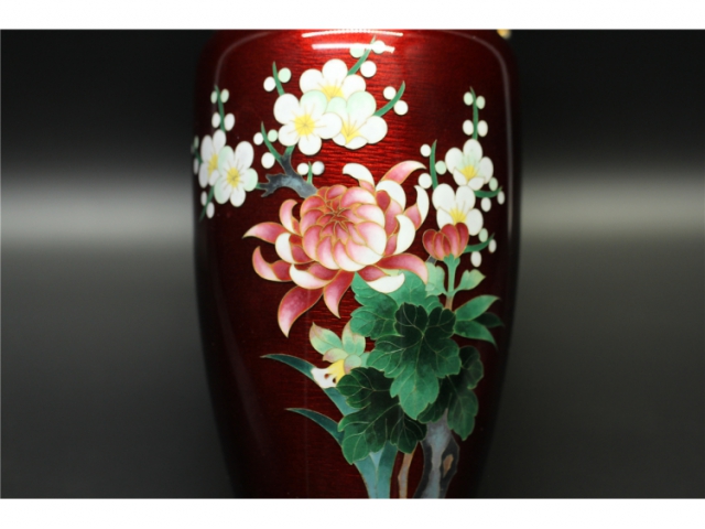 【第123期】日本七宝烧赤地透明釉四君子花瓶